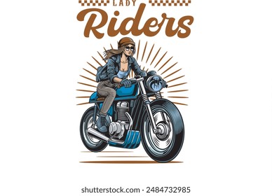 Vector Illustration of Cafe Racer Lady Rider with Vintage Illustration Available for Tshirt Design