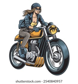 Vektorgrafik von Cafe Racer Lady Rider mit detaillierter Vintage-Illustration