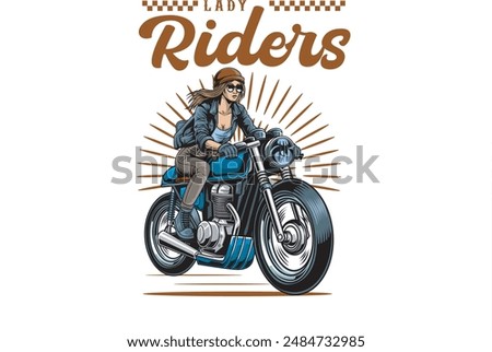 Vector Illustration of Cafe Racer Lady Rider with Vintage Illustration Available for Tshirt Design