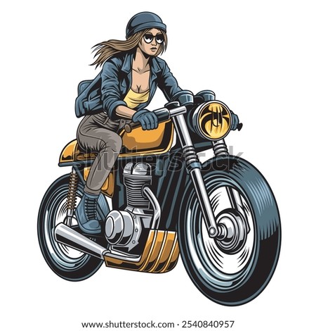 Vector Illustration of Cafe Racer Lady Rider with Detailed Vintage Illustration