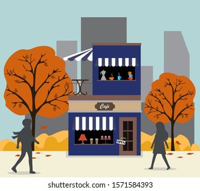 Vector illustration with cafe or restaurant building in the park among autumn trees. People on the street. Building's facade. A cozy cafe in the autumn park. Suitable for postcards or backgrounds.