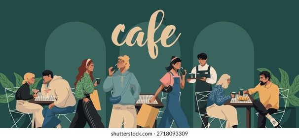 Vector illustration. Cafe, restaurant, people, background, cover. Cozy. Banner, postcard.