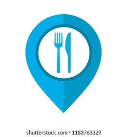 Vector illustration of cafe and restaurants location icon. Map pointer symbol for website and app. Fork and spoon eatery sign inside pinpoint. 