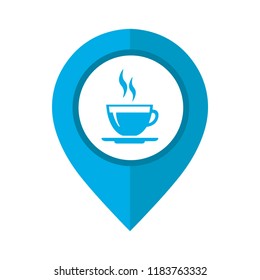 Vector illustration of cafe and restaurants location icon. Map pointer symbol for website and app. Cup of coffee or tea sign inside pinpoint. 