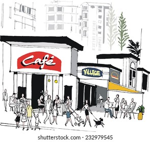 Vector illustration of cafe scene with buildings, restaurant diners and pedestrians