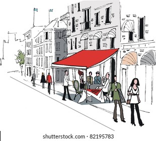 Vector illustration of cafe street scene in Stockholm, Sweden