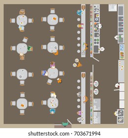 Vector Illustration. Cafe Top View. The Restaurant Hall, Bar, Kitchen, Tables, Visitors, Waiters, Cooks. (view From Above) 