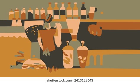 Vector illustration of cafeteria with young female barista. Hand-drawn flat illustrations of Coffeehouse interior with cookies, liquor bottles, coffee grinder. Сafe work drawing. Brown colored.