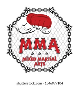 Vector illustration of a cage for mixed martial arts. MMA. Octagon. Champion of battle. Graphic sketch for poster, clothes, t shirt design, pins and stickers. Isolated outline, line, contour. 