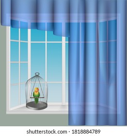 Ilustración vectorial de una jaula con un loro en la ventana y cortinas transparentes azules