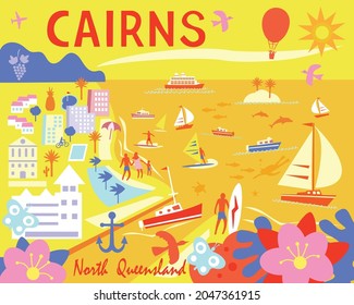 Una ilustración vectorial de Cairns, Norh Queensland, Australia. Ilustrado en un estilo gráfico de caricatura.