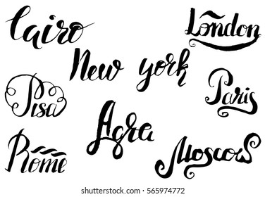 Vector illustration, Cairo label with hand drawn Sphinx, lettering Cairo, New York, London, Pisa, Paris, Agra, Rome, Moscow