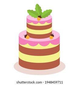 
Ilustración vectorial. Pastel con bellotas y decoración de hojas. Delicioso y dulce. Vacaciones. Alegría. Niños.
