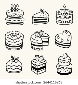 ilustração vetorial de bolo e padaria doodle arte conjunto, rabiscar mão desenhado arte, ícone e símbolo