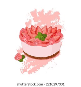 Vector illustration. Cake with berries. Strawberries, victoria. Color picture, sweets, soufflé. Pink berries. Bakery products. Flat style. sketch