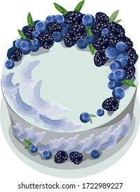 Vector illustration of a cake with blueberries and blackberries and green leaves with white cream on a white plate blue dark blue