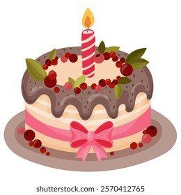 Vector illustration of cake with burning candle and pink bow decorated with green leaves and red berries. Holiday clipart for festivities as birthday, wedding, valentine. Vector design, cartoon style.