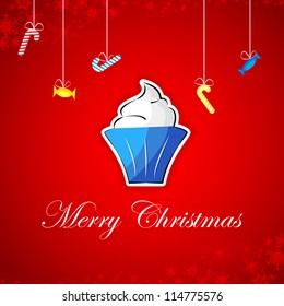 vector illustration of cake and candies hanging against Christmas background