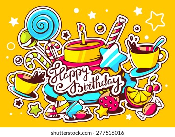 Vector illustration of cake with candle, sweets and cup of tea with text happy birthday on yellow background. Hand draw line art design for web, site, advertising, banner, poster, board and print.  