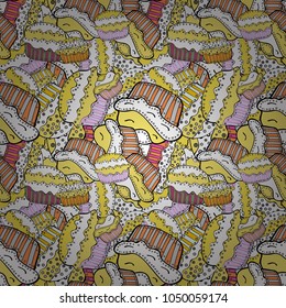 Vector illustration. Cake, cap, cone. Seamless bright birthday pattern on white, yellow and black. Wrapping paper.