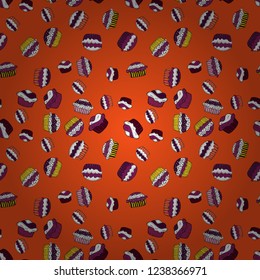 Vector illustration. Cake, cap, cone. Wrapping paper. Seamless bright birthday pattern on purple, orange and white.