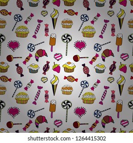 Vector illustration. Cake, cap, cone. Wrapping paper. Seamless bright birthday pattern on yellow, black and white.