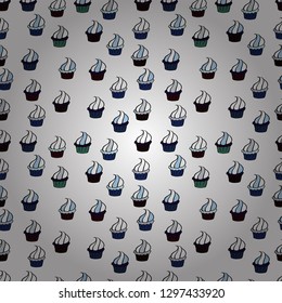 Vector illustration. Cake, cap, cone. Seamless bright birthday pattern on white, gray and black. Wrapping paper.