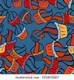 Vector illustration. Cake, cap, cone. Seamless bright birthday pattern on blue, black and orange. Wrapping paper.