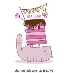 Vector illustration of cake and cat. Ideal for party invitations.