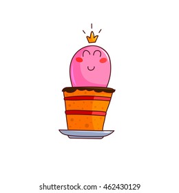 Vector illustration of cake character with crown. Happy birthday postcard