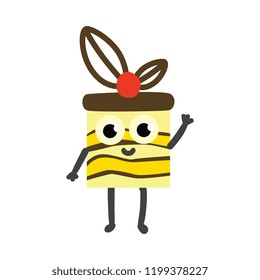 Vector illustration of cake with chocolate glaze and decoration cartoon character in flat style - cute mascot of sweet baked bicolour pastry waving hand isolated on white background.