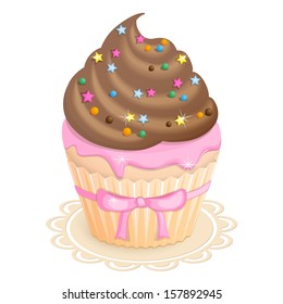 vector illustration  cake with chocolate meringue and pink ribbon- eps10