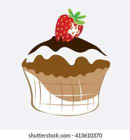 Vector illustration of cake with chocolate sauce and strawberry 