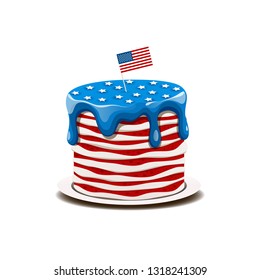 Vector illustration of cake in colors of the American flag with stars and stripes. Independence day or American flag Day concept.