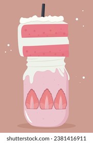 Vector illustration of cake and dessert in a jar. Strawberry cake. Strawberry dessert in a jar. Pink dessert. Pink sweet cocktail