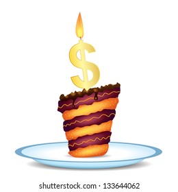 Vector illustration of cake with dollar symbol as candle.