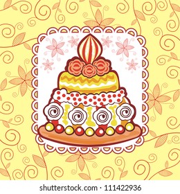Vector illustration of cake and floral pattern background
