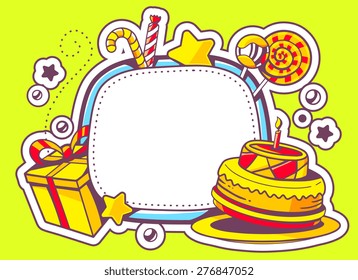 Vector illustration of cake, gift and confection with frame on green background with star and dot. Hand draw line art design for web, site, advertising, banner, poster, board and print.  