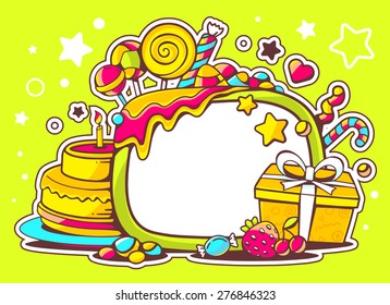 Vector illustration of cake, gift and sweets with frame on green background with star and dot. Hand draw line art design for web, site, advertising, banner, poster, board and print.  