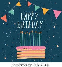 Vector illustration of cake with Happy Birthday words with festive flags. 