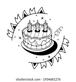 Vector illustration with cake. Isolated on a white background. Cute doodle illustrations.