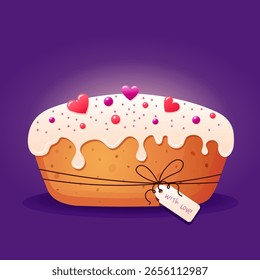 vector illustration of cake with love with icing and decorative hearts on top for Valentine`s Day