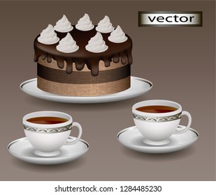 Vector illustration of cake on the table with tea in cups, tea party with dessert delicious sweets on holiday