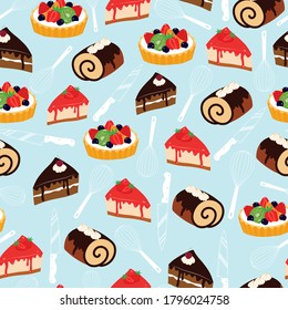 vector illustration. cake pastries and fruit tart with knifes and whisk repeat pattern. best for wall paper, packaging and decor.