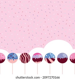 Vector illustration with cake pops. Seamless pattern. Сolorful mini cakes on sticks on pink backdrop with sprinkles