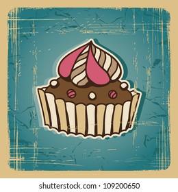 Vector illustration of cake in retro style. Vintage card.