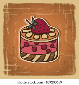 Vector illustration of cake in retro style. Vintage card.
