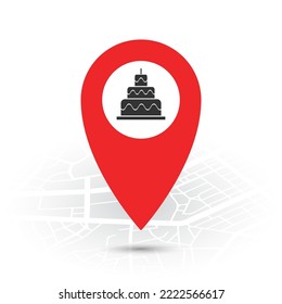 Vector illustration of Cake shop location. Simple icon in red color on White background.