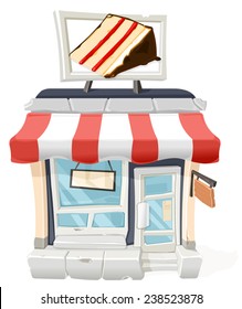 A vector illustration of a cake shop with sign and awning. Cake Shop