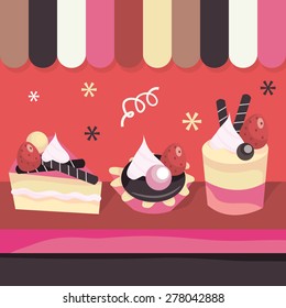 A vector illustration of a cake shop window display.